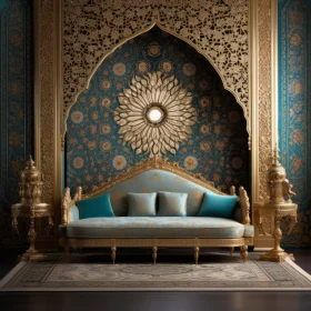 Luxurious Gold and Blue Room with Asian-Inspired Ornate Designs