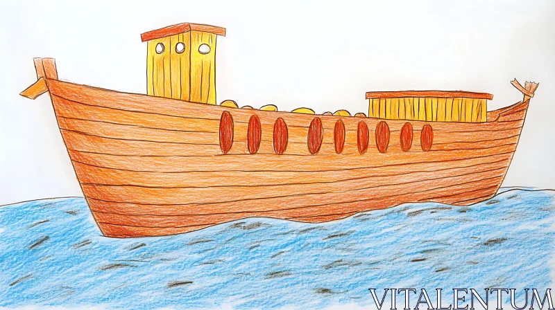 Illustrated Wooden Boat on Water AI Image