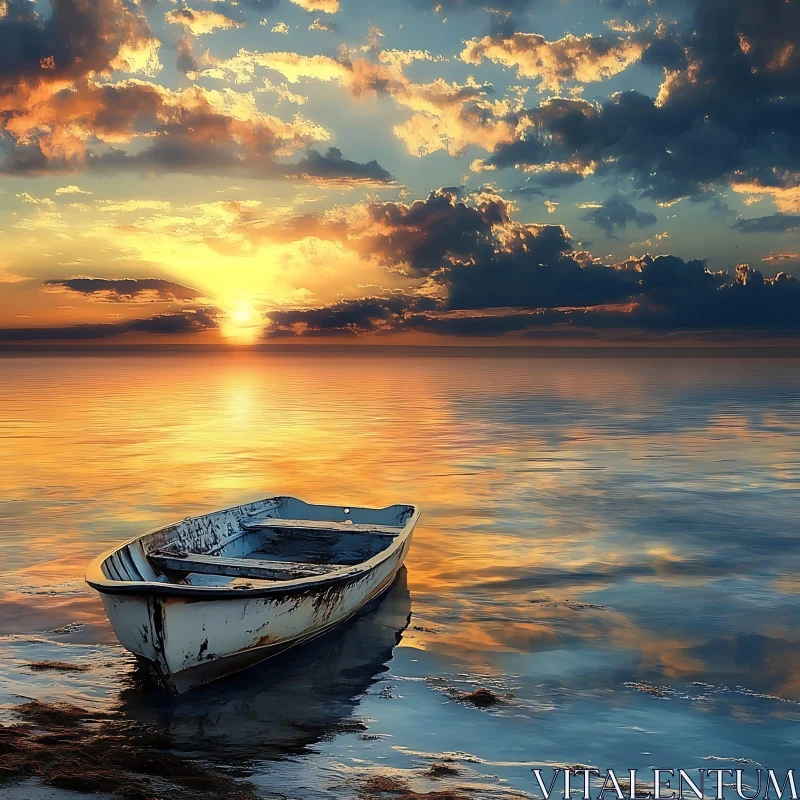 Old Boat Resting on Calm Waters at Sunset AI Image