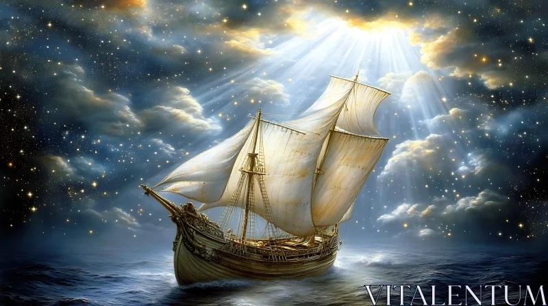 Ethereal night journey of a sailing ship AI Image