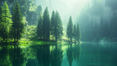 Serene Misty Lake and Forest Reflections