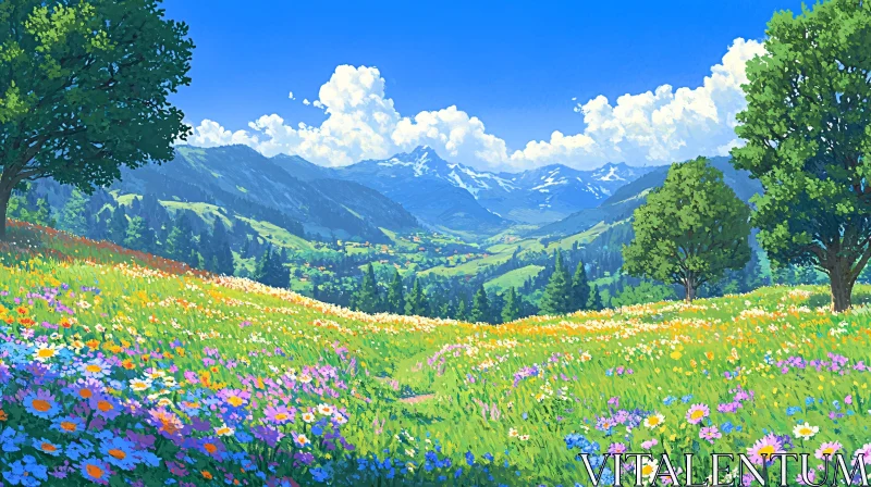 AI ART Idyllic Meadow with Colorful Flowers and Majestic Mountains