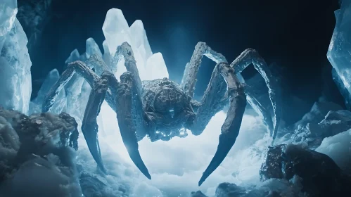 Glowing Mechanized Spider Amongst Crystal Formations