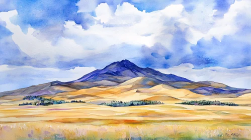 Mountain and Fields Watercolor Art