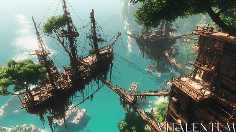 Mystical Treehouse Village Suspended Over Serene Waters AI Image