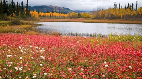 Tranquil Autumn Scenery with Lake and Flowers