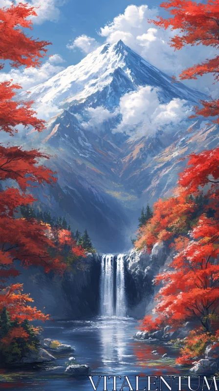 AI ART Mountain Retreat with Waterfall in Autumn