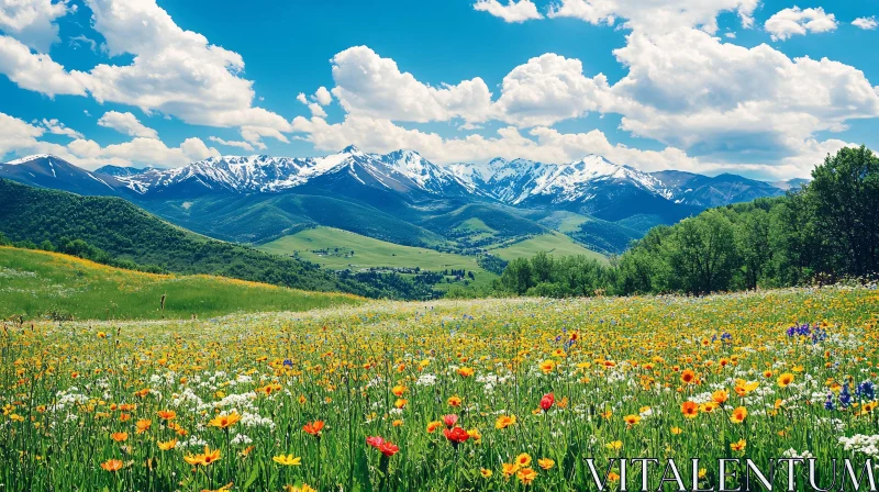 AI ART Colorful Wildflower Meadow and Snowy Mountains