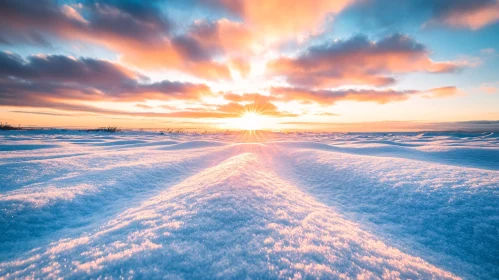 Tranquil Morning with Sun Rising Over Snow