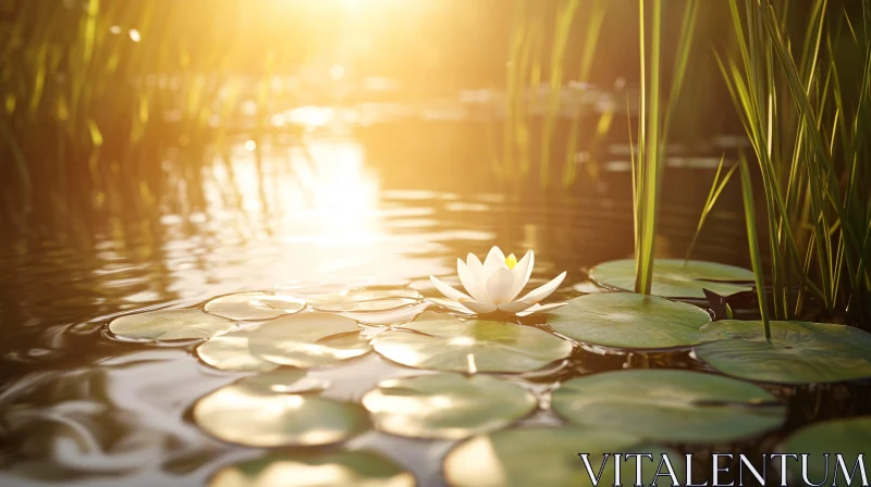 White Water Lily in Sunlit Pond AI Image