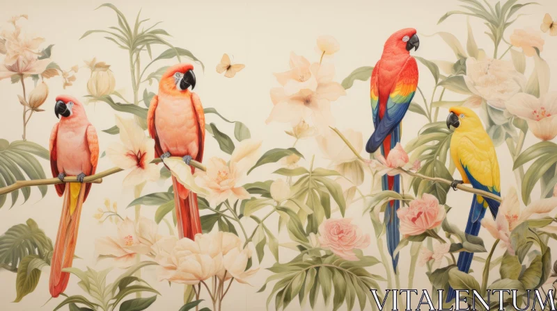 Colorful Parrots on a Branch with Floral Backdrop Art AI Image