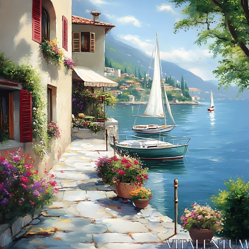 Idyllic Lakeside Villa with Sailboats and Flowered Pathway AI Image