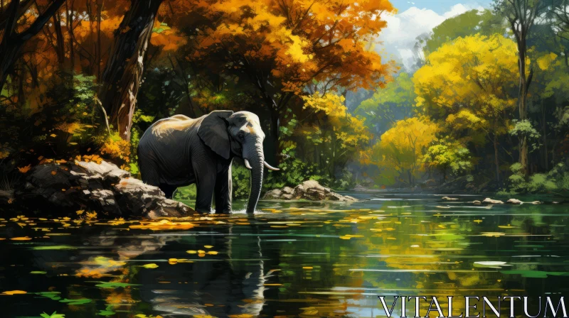 Serene Landscape Digital Painting: Elephant by the River AI Image