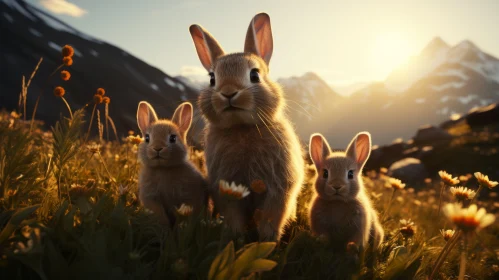 Sunset Charm: Three Rabbits in a Mountain Vista
