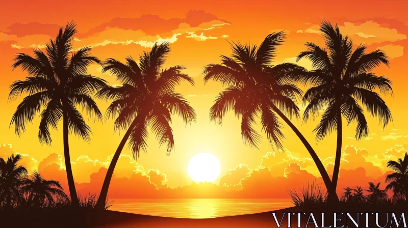 Serene Sunset Over a Tropical Beach with Palm Tree Silhouettes AI Image