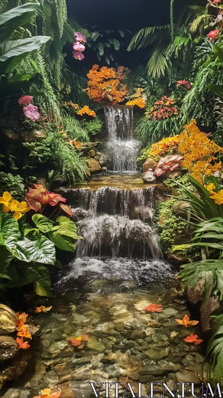 AI ART Tranquil Garden Waterfall with Orchids