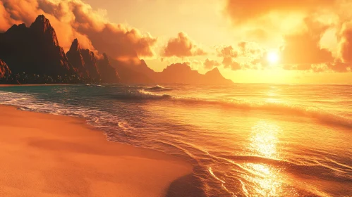 Golden Sunset Over Ocean Waters and Mountain Peaks