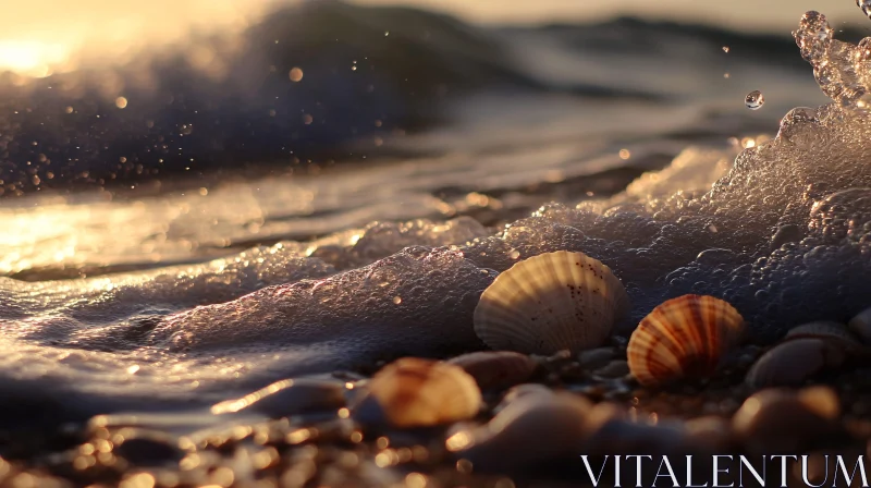 AI ART Waves Washing Over Seashells at Sunset