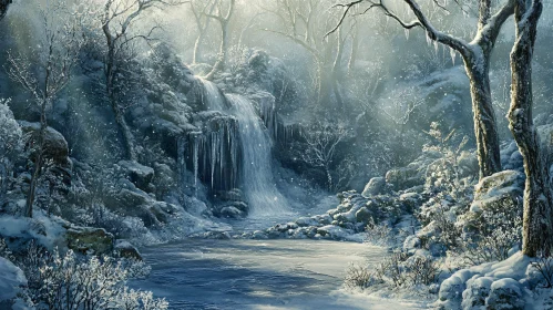 Peaceful Winter Wonderland with Icy Waterfall