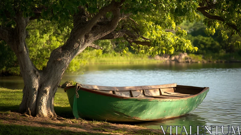 Tranquil Scene with a Green Boat and Tree by a Lake AI Image