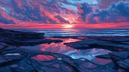 Serene Coastal Sunset with Reflective Water