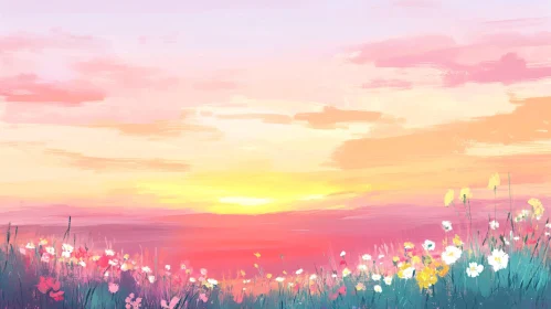 Serene Sunset with Blossoming Flowers