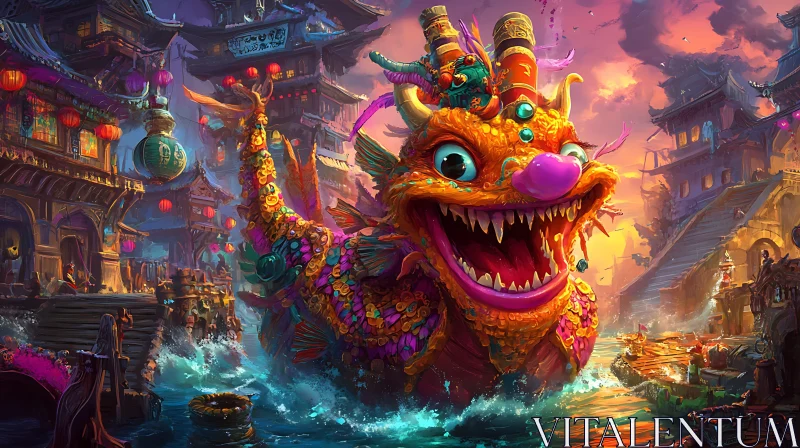 AI ART Fantasy Dragon Parage in Colorful Village