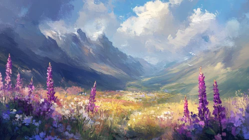 Blossoming Meadow with Mountain Backdrop