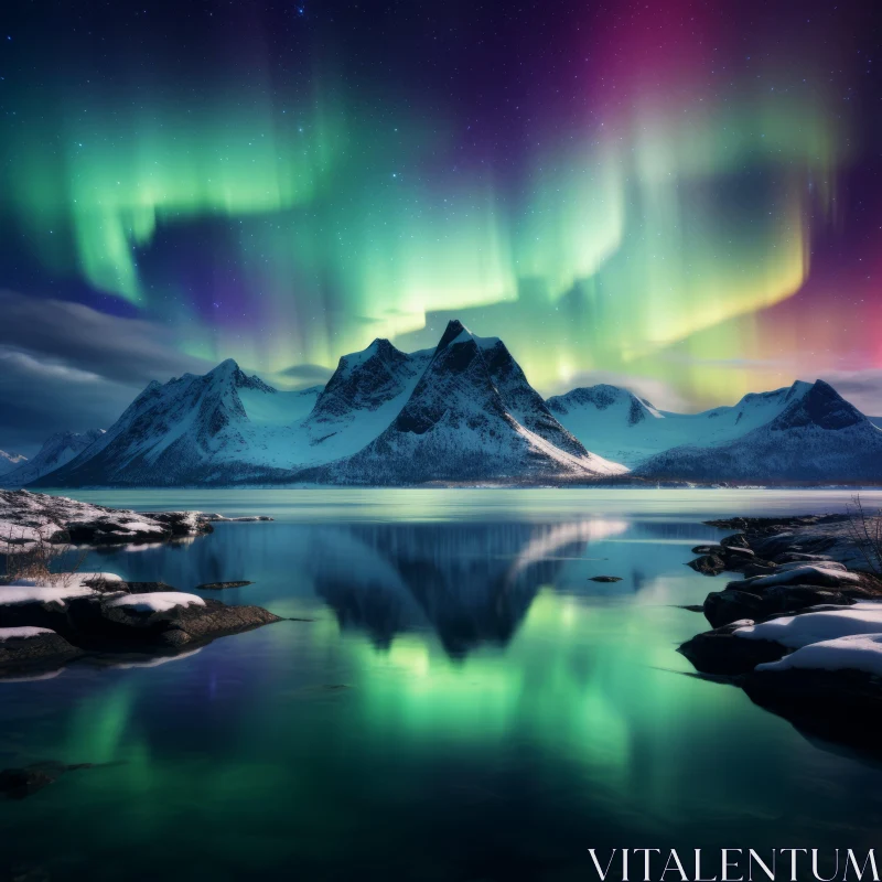Aurora Borealis Illuminates Sky Over Majestic Mountains AI Image