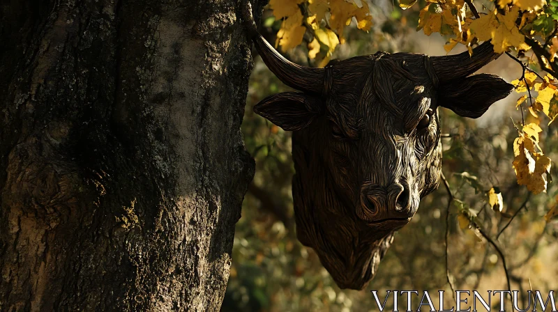 Wooden Bull Sculpture Amidst Autumn Leaves AI Image