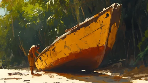 Tropical Beach with Beached Yellow Boat and Man