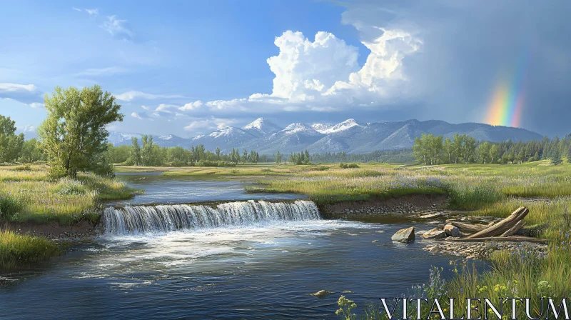 AI ART Tranquil Meadow with Flowing River and Rainbow