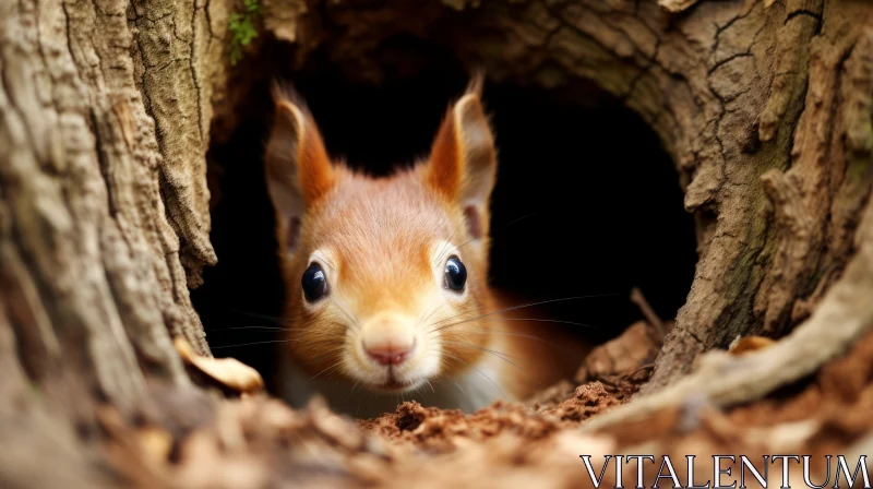 Enchanting Red Squirrel in Tree Hollow - Mythical Nature Artistry AI Image