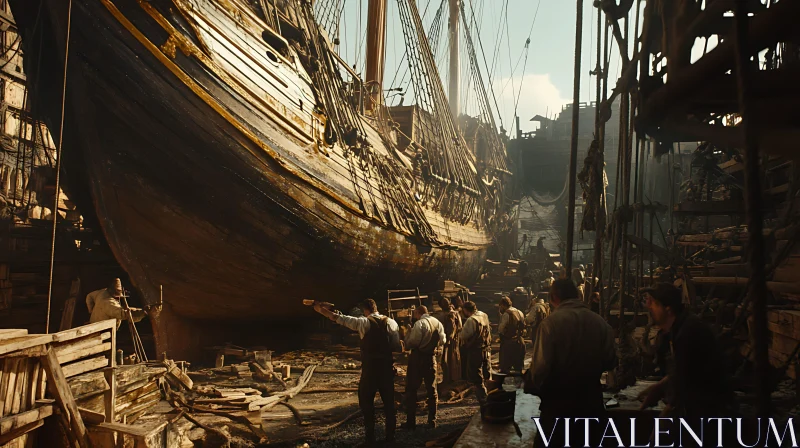 Workers Constructing Wooden Vessel in Dry Dock AI Image