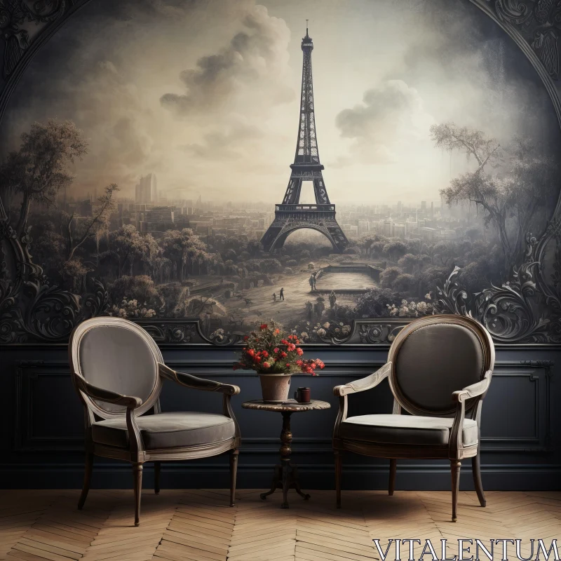 Parisian Interior with Eiffel Tower Mural and Elegant Chairs AI Image