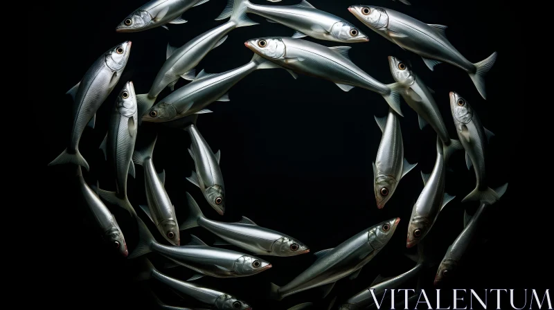 Silver Fish in Circular Formation on Black Background AI Image