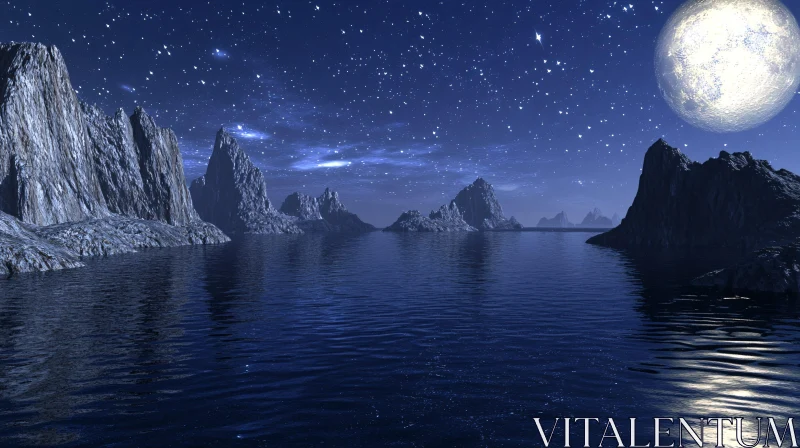 Nighttime Tranquil Lake under Starry Sky AI Image