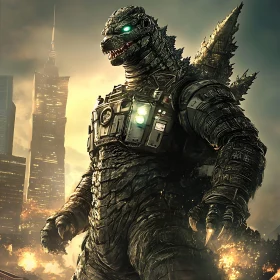 Apocalyptic Robot Monster in Burning City