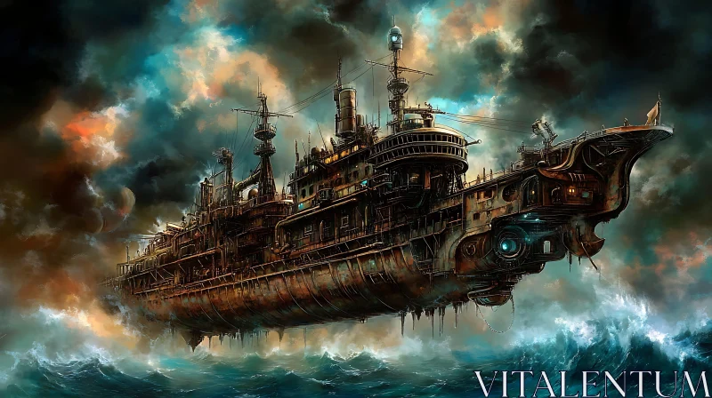 Steampunk Airship Amidst a Stormy Ocean and Glowing Sky AI Image