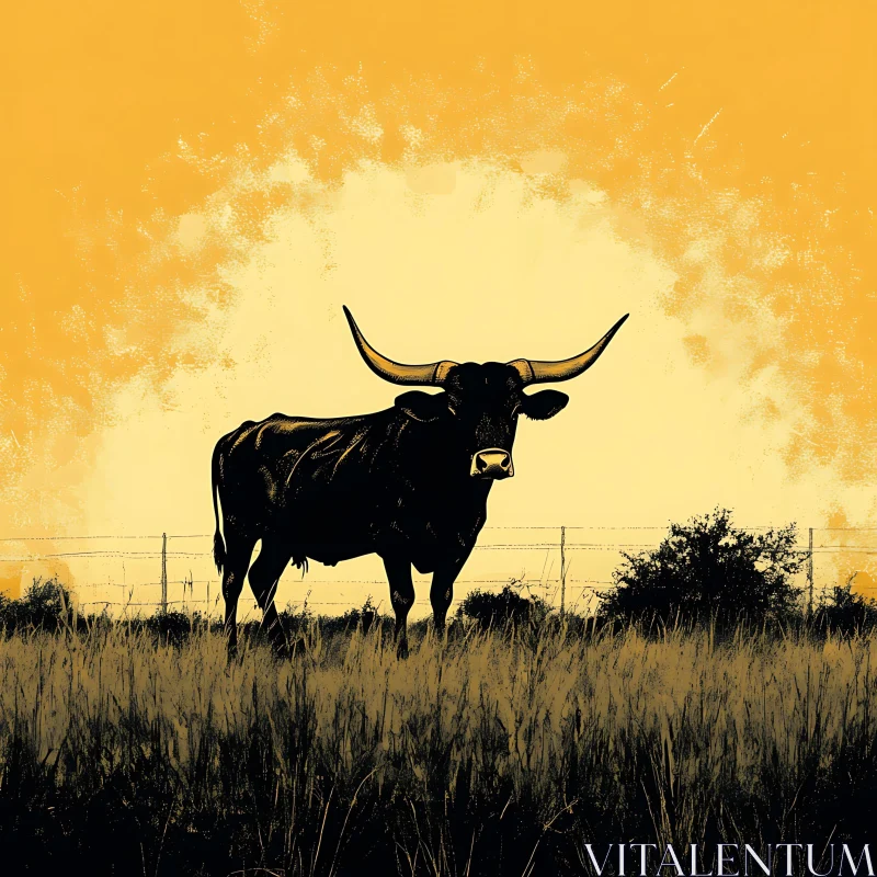 Field Bull Silhouette at Sunset AI Image