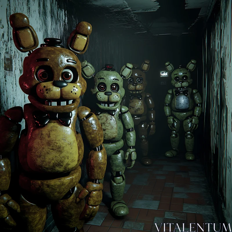 Creepy Animatronics in Dark Hallway AI Image