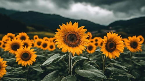 Sunflowers in Bloom Under Overcast Sky