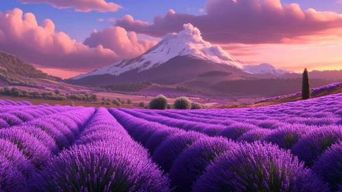 Purple Fields and Majestic Mountain at Dusk