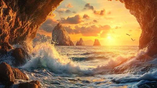 Sunset Through a Cave Overlooking the Ocean Waves