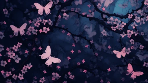 Dark Pink Blossom Tree and Butterflies Night Wallpaper