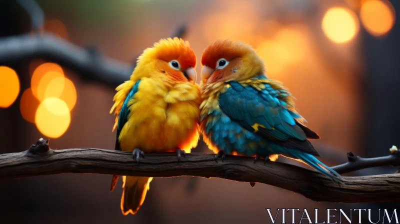 Exotic Birds on Branch in Amber and Blue Hues AI Image