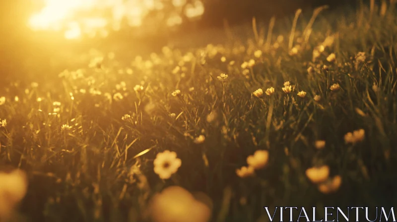 Sunlit Field with Flowers and Warm Glow AI Image