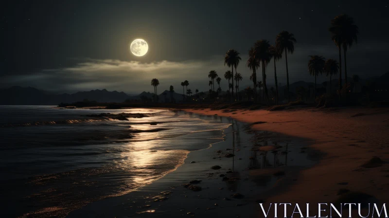 Moonlit Beach with Palm Trees: An Atmospheric Night Scene AI Image
