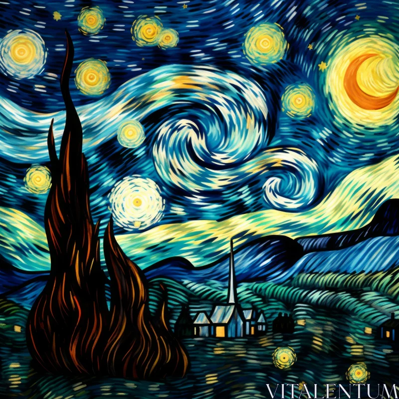 Starry Night Digital Illustration in Stained Glass Style AI Image
