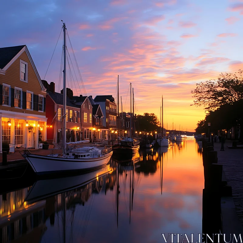 Tranquil Waterfront Sunset with Docked Boats AI Image